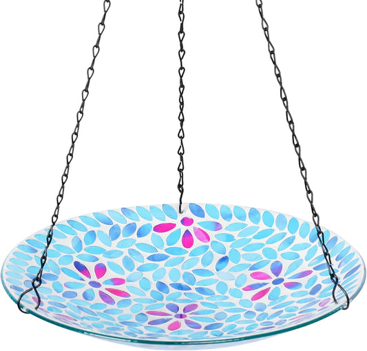 MUMTOP Mosaic Hanging Bird Bath-Bird Baths for Outdoors - 12 Inch Glass Bird Water Bowl Bird Feeders for Outside, Garden, Lawn Yard Decor（Blue）