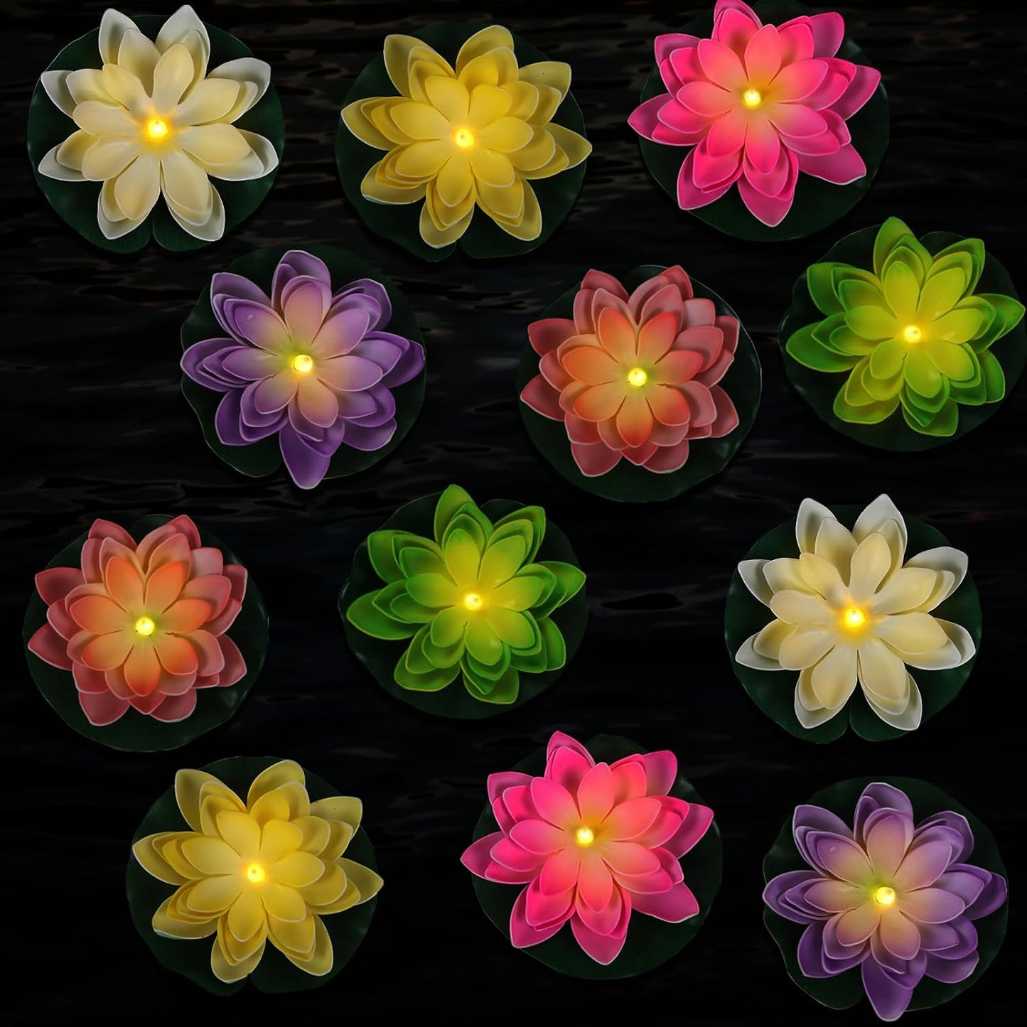 12 PCS Waterproof Floating Lotus Light - Diwali Floating Flower Light Battery Operated Water Activated Warm White Light Pool Flower Lamp Wedding,Anniversary,Garden Decoration(6 Inch, Mix-Color)