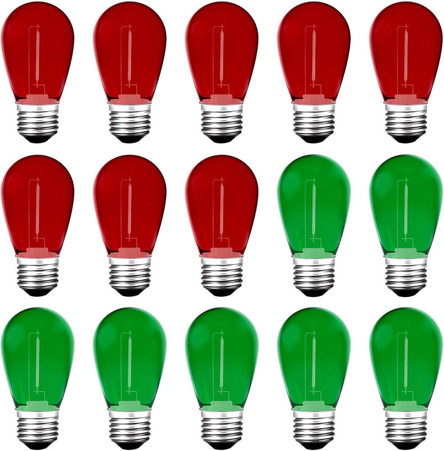 Meconard S14 Colored LED String Light Bulbs,1 Watt Plastic Shatterproof Waterproof Outdoor Indoor Replacement Bulbs for Home Decor, E26 Medium Base, Red Green Light Bulbs, 15Pack