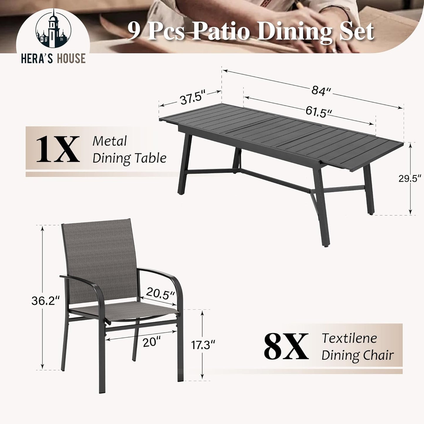 HERA'S HOUSE Extendable Patio Table and Chairs Set for 8, 9 Pieces Outdoor Dining Sets, 61"-84" Rectangular Metal Table with Chairs for Deck Lawn Garden Porch