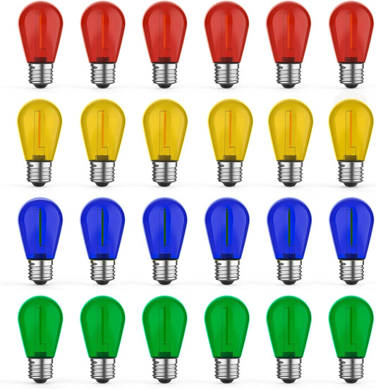 24 Pack LED S14 Colored Light Bulbs for Outdoor String Lights, Shatterproof 1W Replacement Bulbs for Patio Lights, Dimmable, 2200K Warm White, E26 Base, Multi-Color: Red/Blue/Yellow/Green