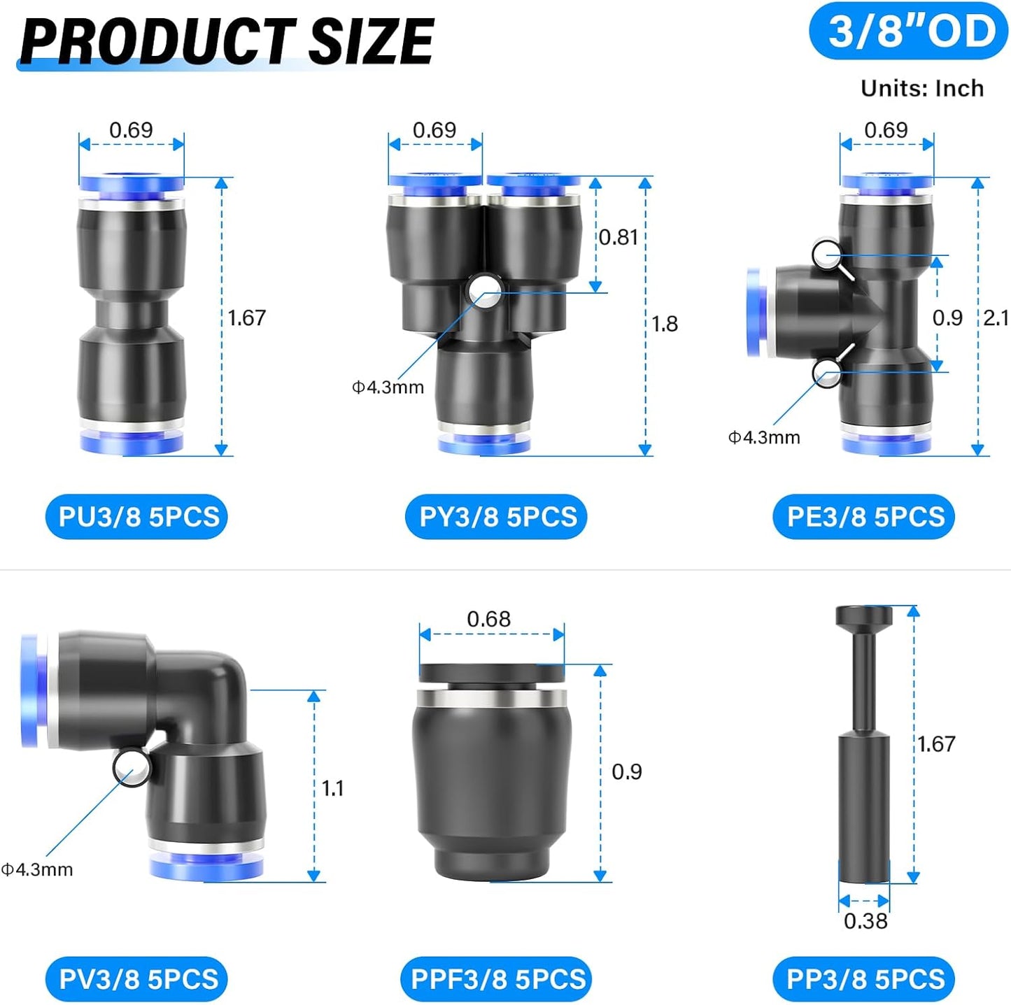 TAILONZ PNEUMATIC 3/8 Inch od Push to Connect Fittings Pneumatic Fittings Kit 5 Spliters+5 Elbows+5 tee+5 Straight+5 PPF+5 PP (30 pcs)