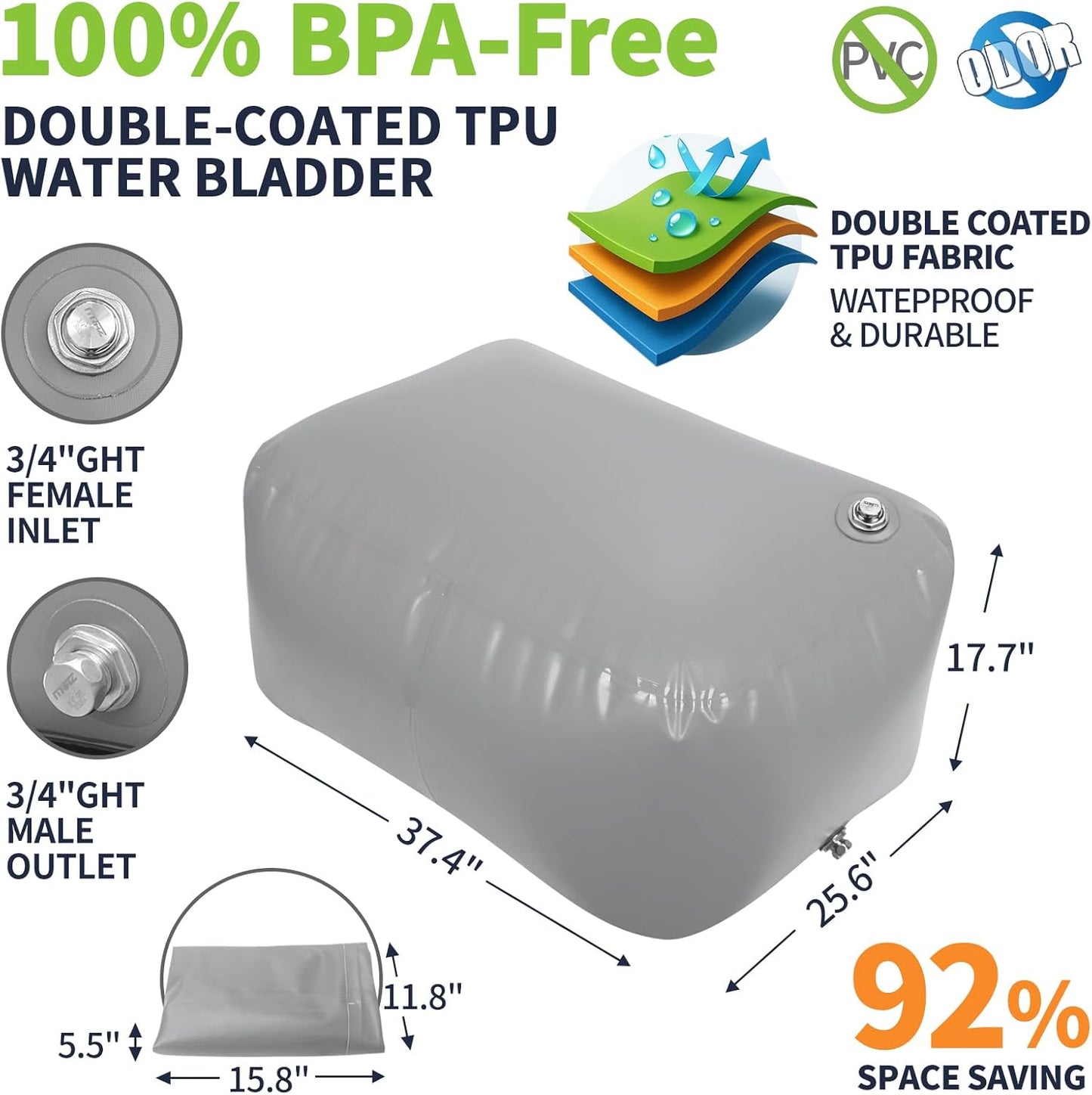 Water Storage Bladder for Drinking, TPU Water Bladder Tank, No BPA & PVC Portable Collapsible Flexible Container for RV Camping, Emergency Water Supply & Irrigation, Food-grade Materials, 100 Gallon