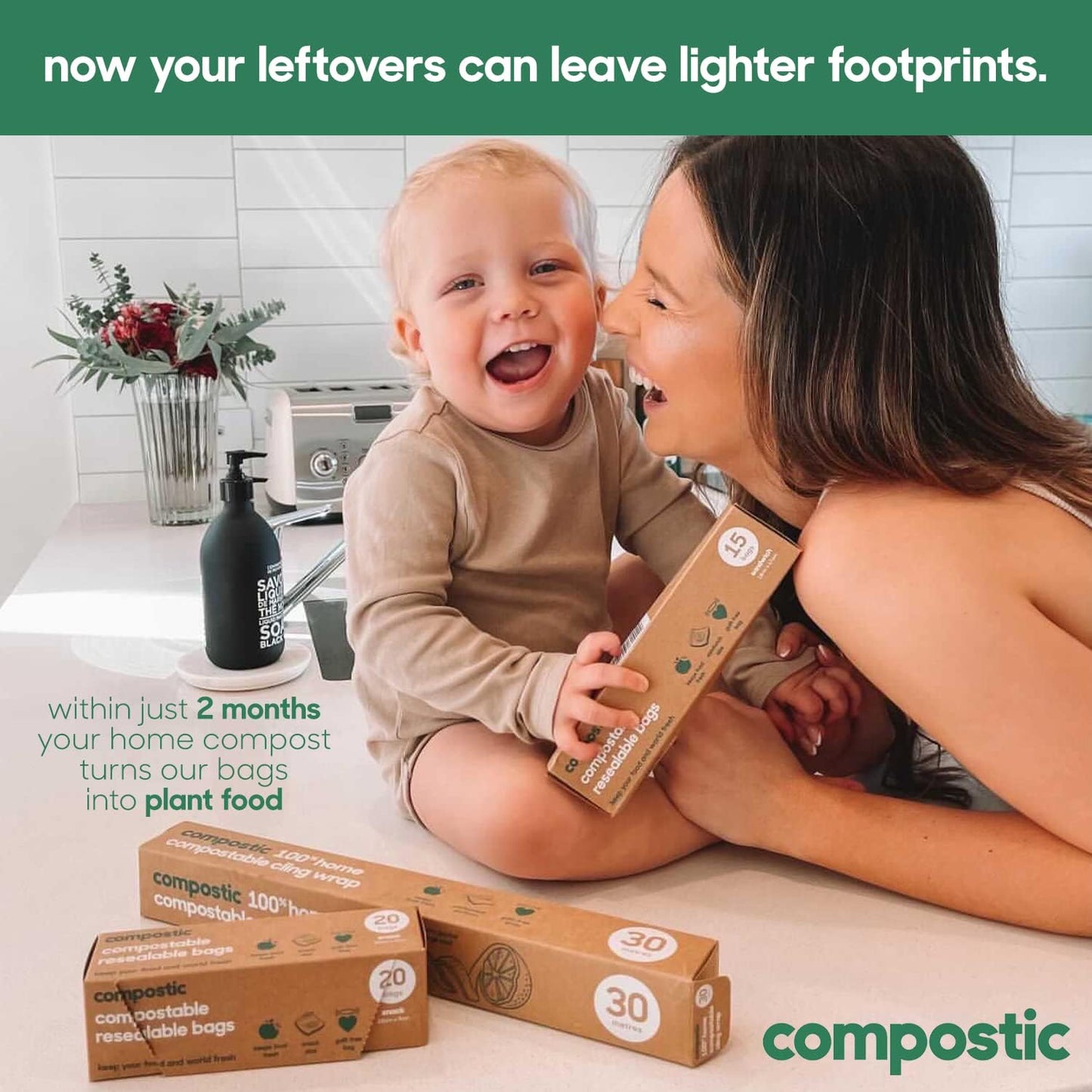 Home Compostable Resealable Sandwich Bags (7"x7"), Microwave & Freezer Safe, Organic Food Storage Container, 100 Count (Pack of 1)