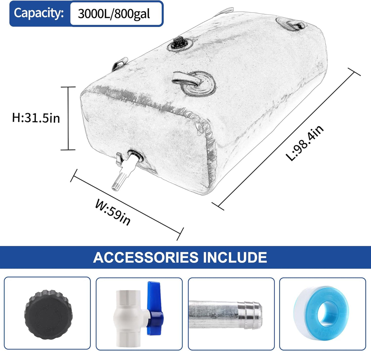 3000 L/800 Gal Water Bladder Tank, Foldable Portable Water Storage Container, Emergency Water Bag for RV, Truck Bed, Fire Prevention, Drought Resistance, Blue