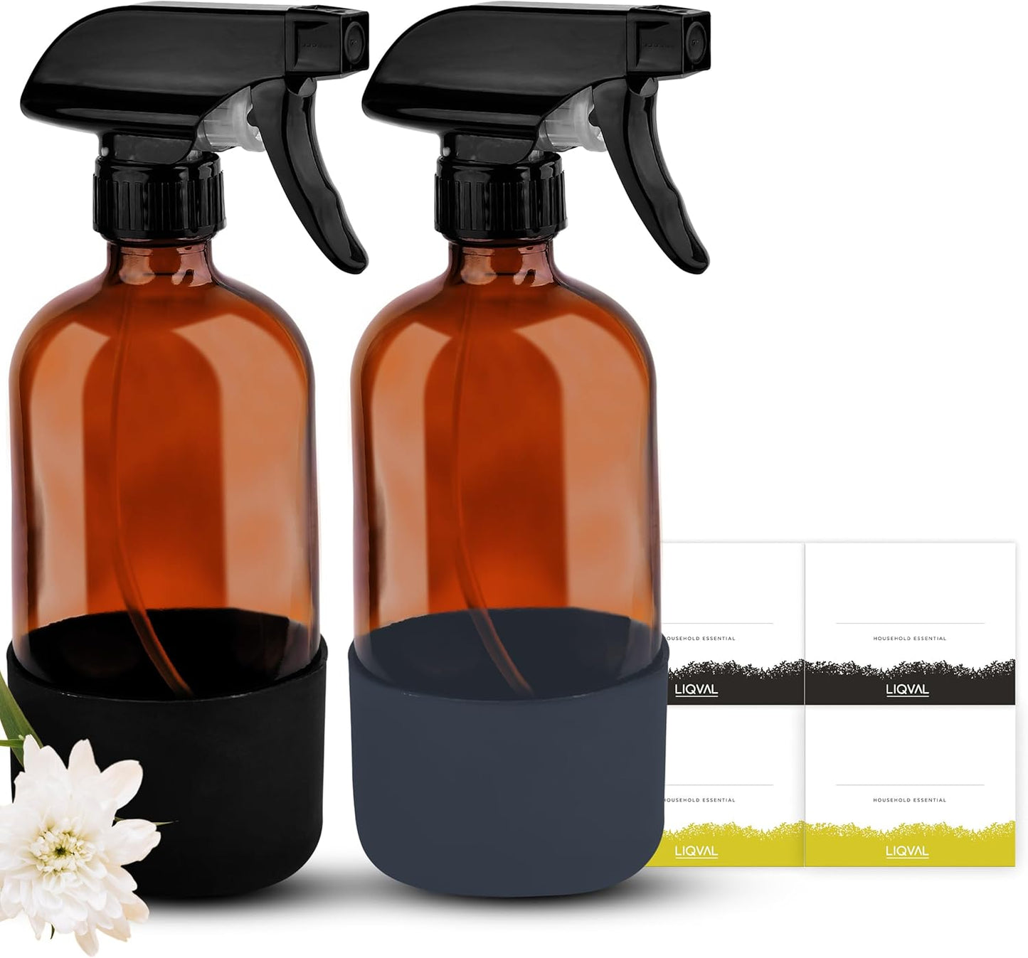 16oz Empty Glass Spray Bottle with Silicone Sleeve Protection - Refillable Containers for Cleaning Solutions, Essential Oils, Misting Plants - Including 2 Sprayers (Amber, 2 PACK)
