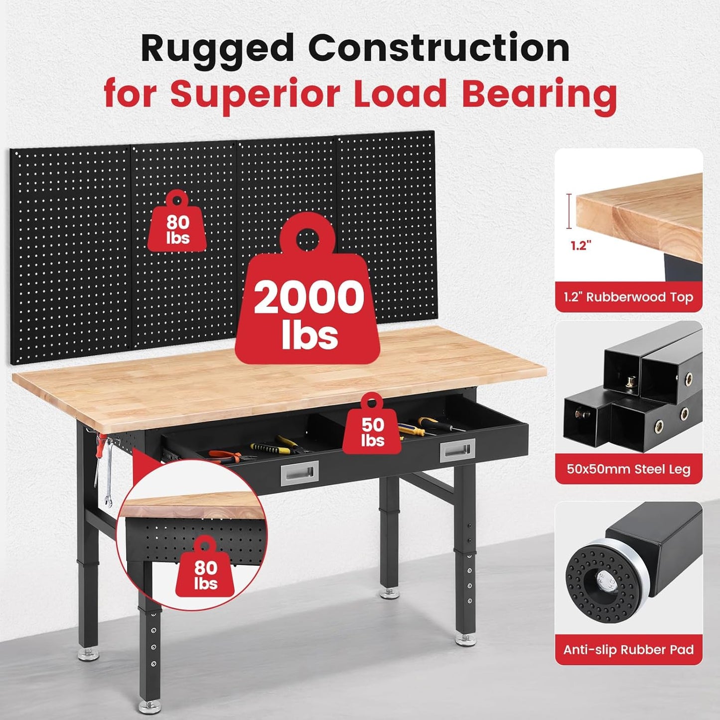 Workbench for Garage 60 x 22 Inch Adjustable Height Work Table with Drawers Heavy Duty Rubberwood Tabletop Work Bench with Pegboard, Power Outlets for Office Home Commercial