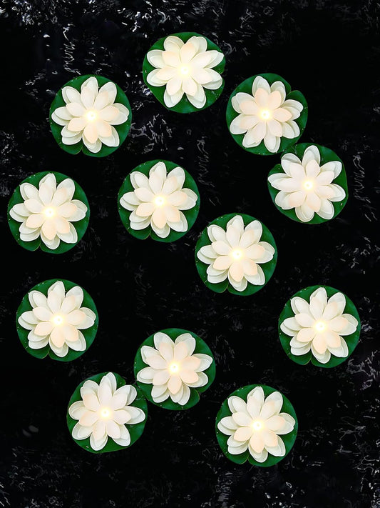 Hortsun 12 Pcs Floating Lotus Lights with Batteries Lily Pads Pool Flowers Diwali Pooja Decorations Floating Candles Decor for Pool Pond Outdoor Indoor(3.94 Inch,White)