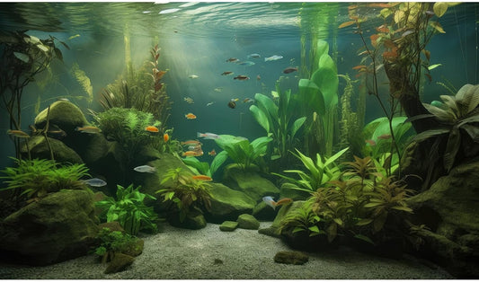 Under The Sea Aquarium Background Underwater Aquatic Plants Fish Tank Background Tropical Fish Rock with Moss Terrarium Background Undersea Green Grass with Sunbeams Terrarium Background 36x24in