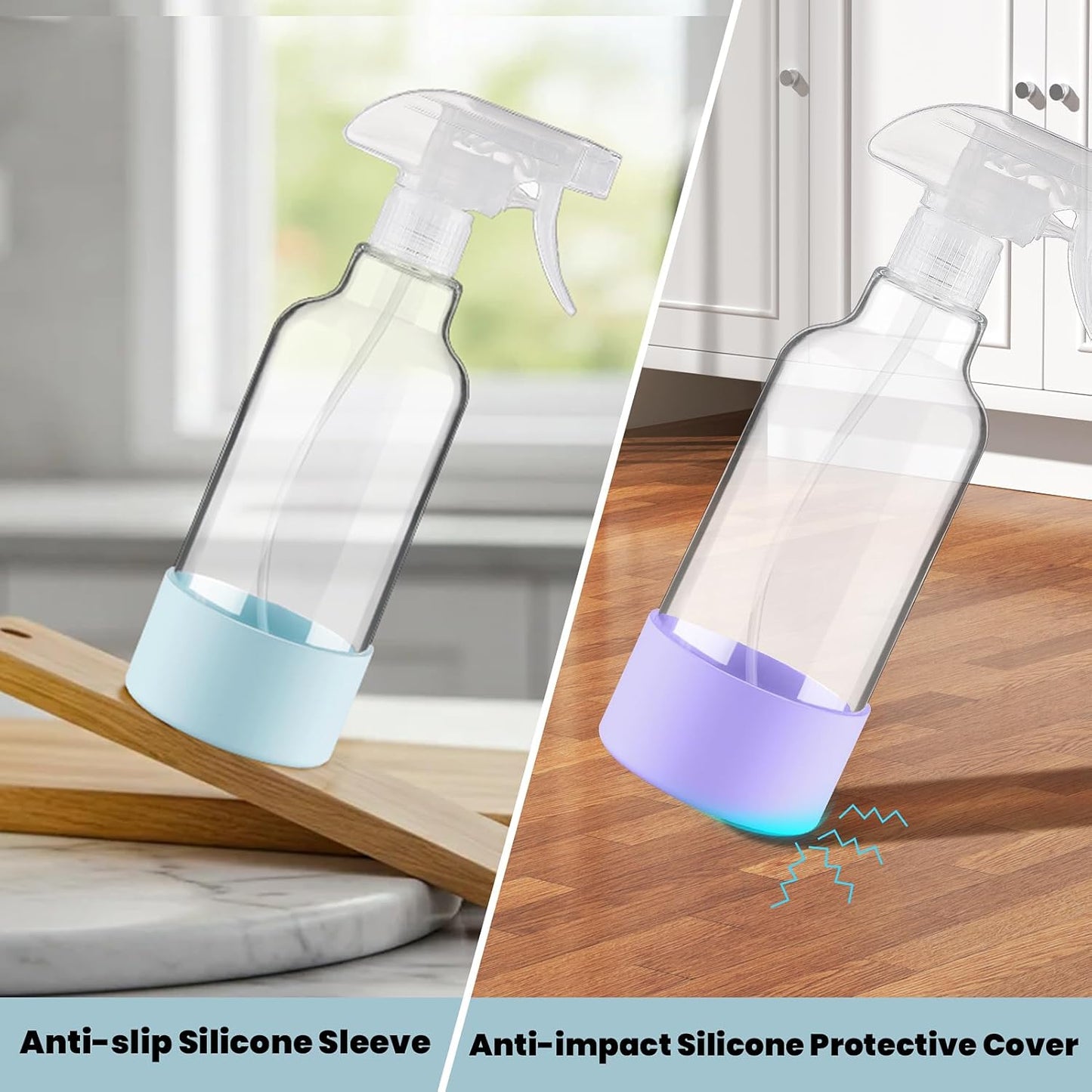 Glass Spray Bottles with Silicone Sleeve, 2 Pack 16.9oz Refillable Containers with Adjustable Spray Nozzles, Empty Spray Bottle for Cleaning Solutions, Hair, Plants (Light Blue+Purple)