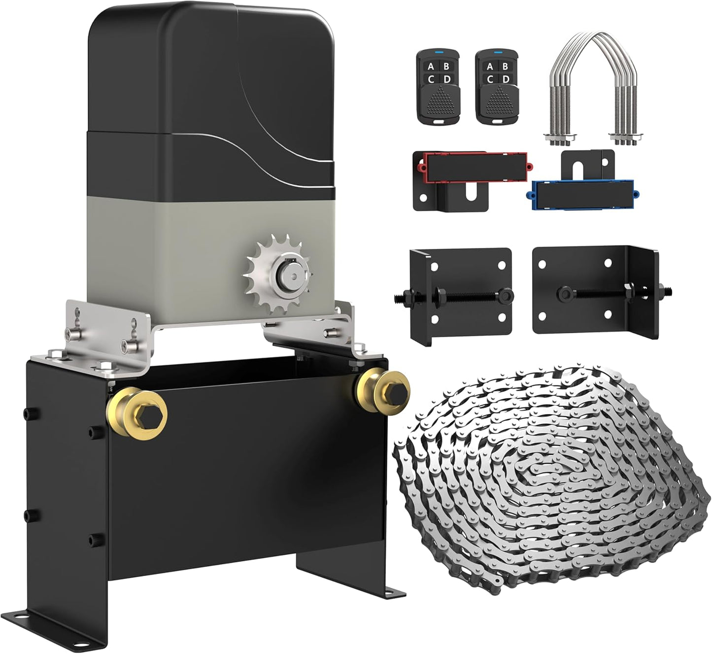 Blütezeit 1100lb Sliding Gate Opener with 13ft Retro-Reflective Photoelectric Beam Sensor | Chain Drive Motor with 2 Remotes, 16.4ft Chains & Wall-Mounted Safety Reflector Switch