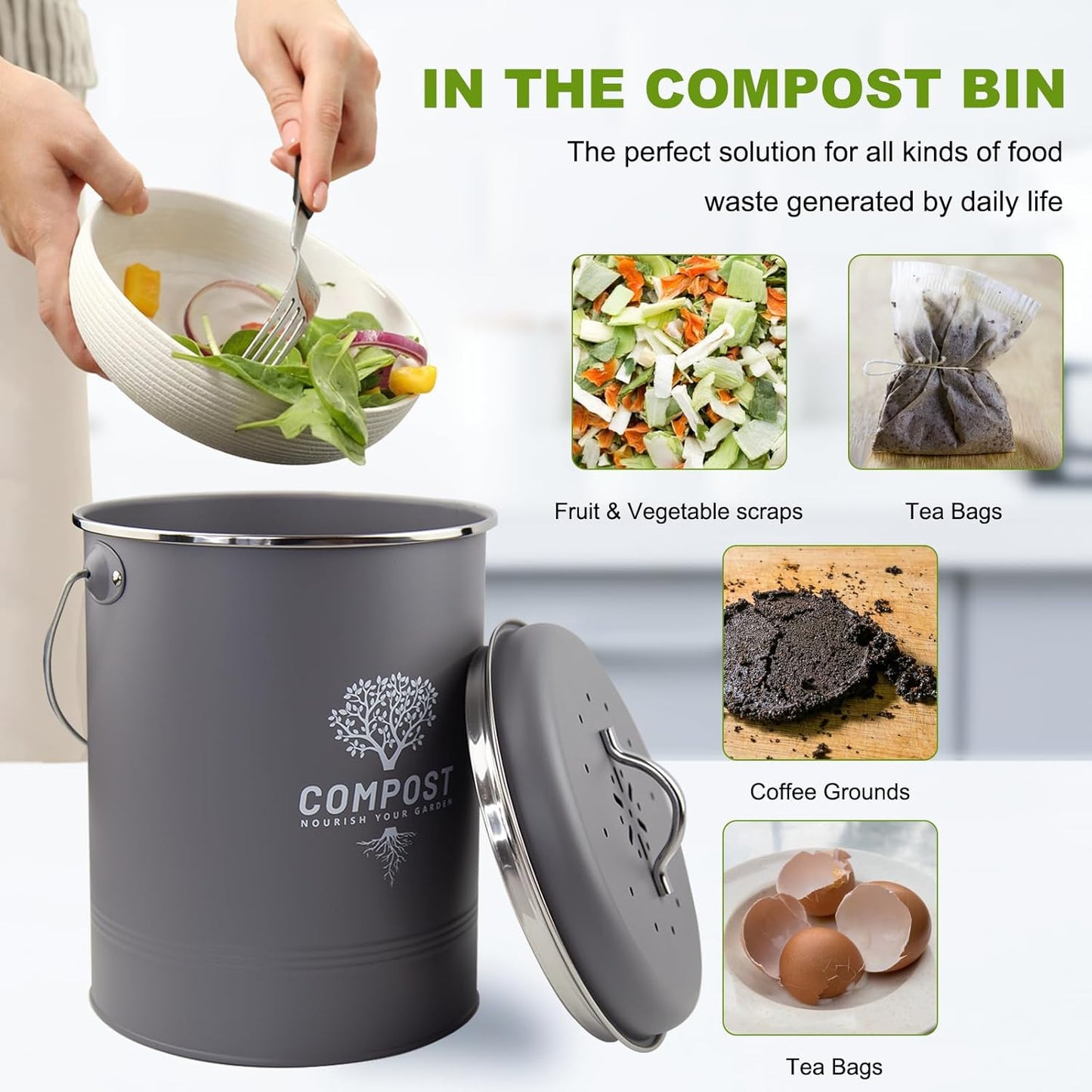 Kitchen Countertop Compost Bin, Odor Resistant Indoor Compost Bin with Lid and Charcoal Filter, Rust Resistant Coated Compost Bucket, Compost Container, Gray