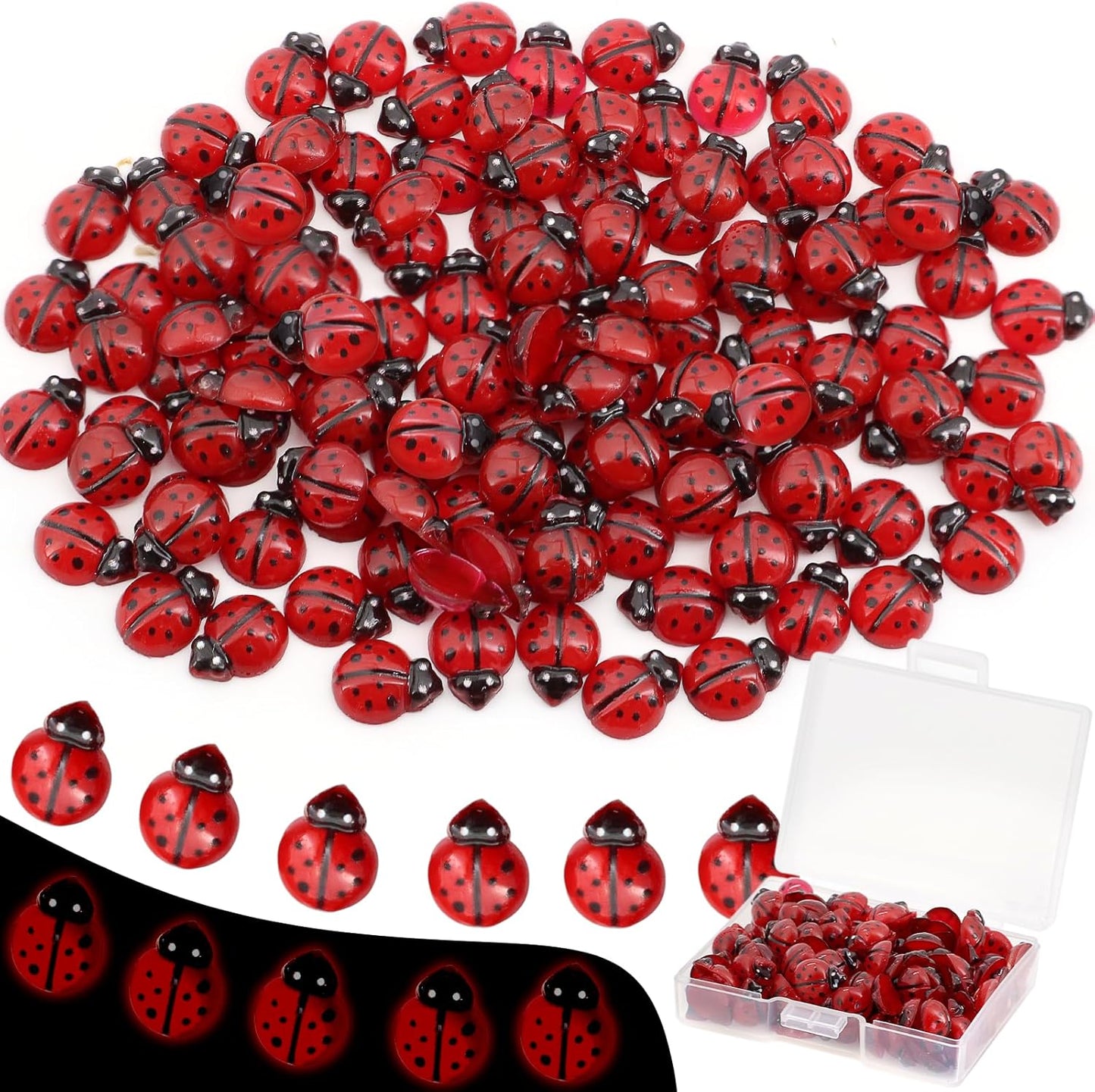 120PCS Mini Luminous Ladybug, Tiny Resin Ladybug Miniature Figurines, Glow in Dark Animals for Fairy Garden Dollhouse Micro Landscape Decor