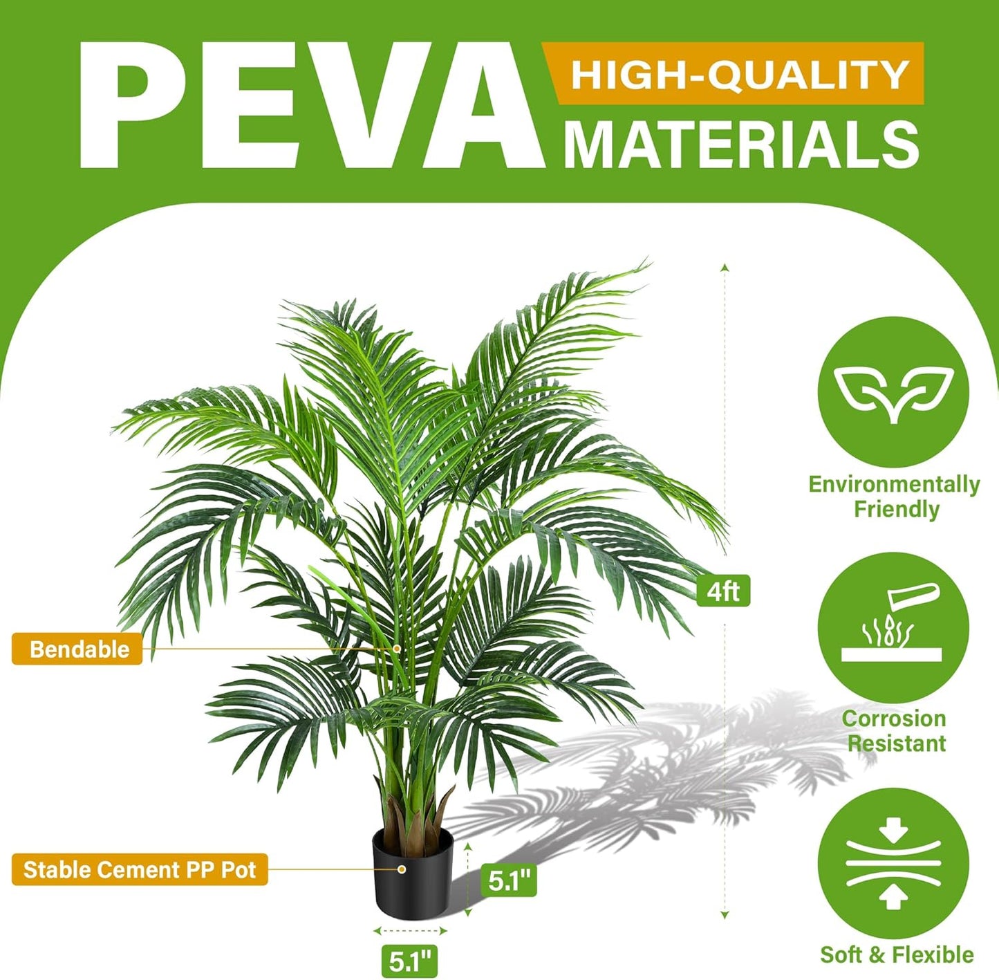 KOL 4ft Artificial Areca Palm Tree Plant, 47in Fake Cane Palm Silk Tree Indoor Outdoor, Dypsis Lutescens, Realistic Faux Silk Plants for Office Home Garden Decoration, Lifelike Modern Decor