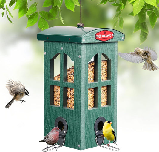 Kingsyard Upgraded Rainproof Bird Feeder for Outdoor Hanging - Metal Feeding Port, Recycled Plastic Wild Bird Feeder with Metal Mesh Tray for Goldfinch Small Bird, Garden Yard Decoration, Green
