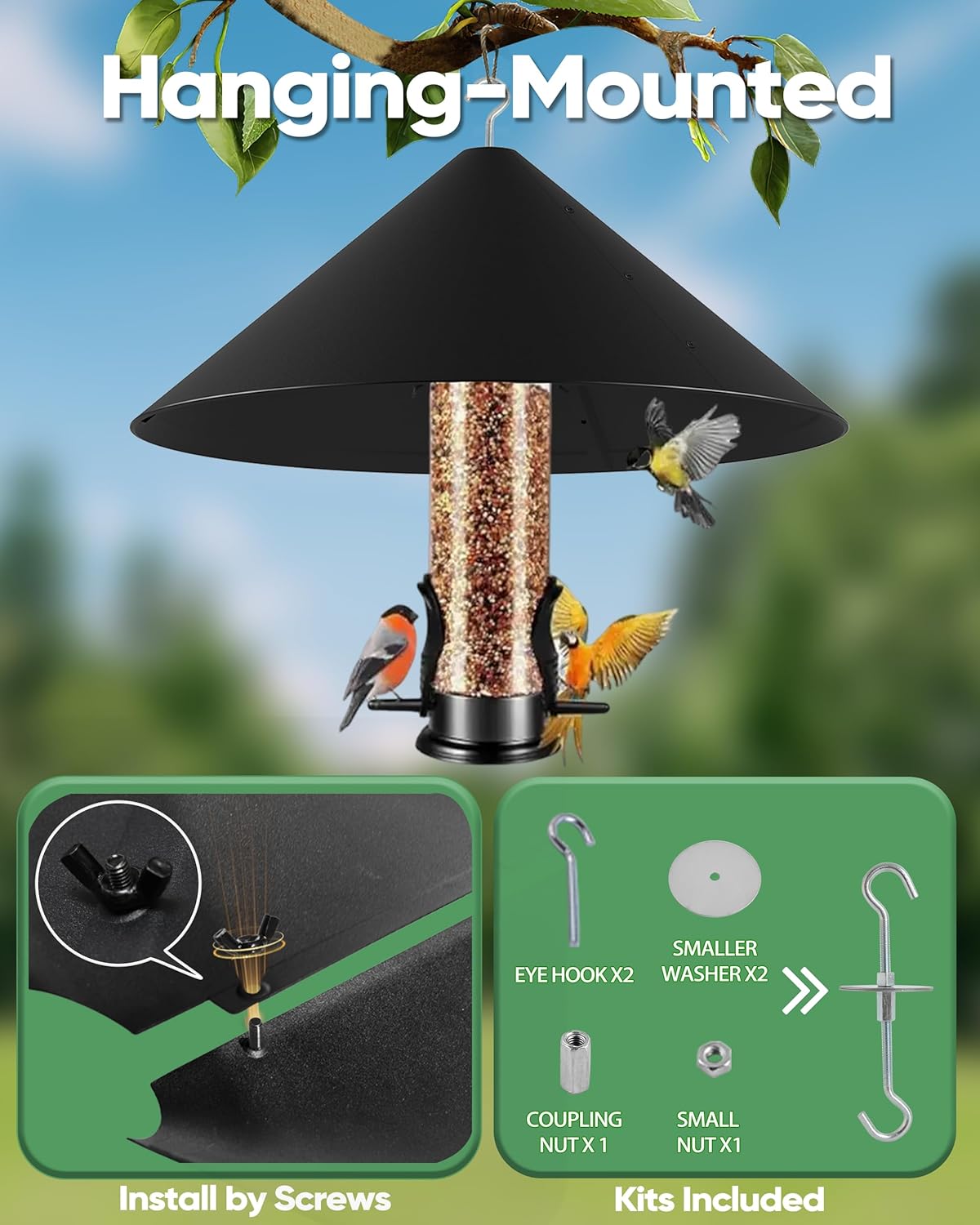 19 Inch Metal Squirrel Baffle for Bird Feeder, Squirrel Proof for Hanging Bird Feeder, Outdoor Bird Feeder Cover, Hummingbird Feeder Umbrella, Rust Chew Proof Heavy Duty