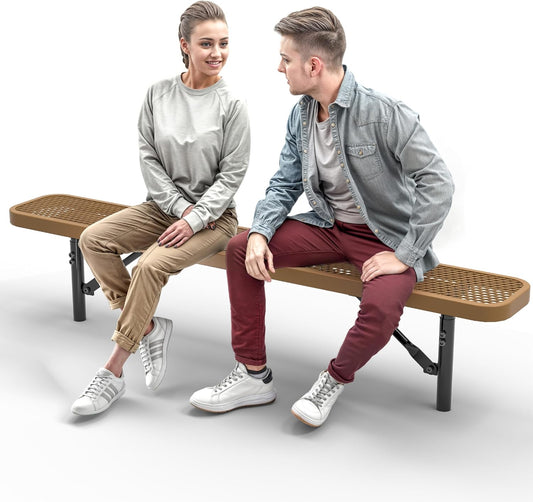 Heavy-Duty Outdoor Metal Bench, Thermoplastic-Coated, Inground, Weatherproof, Commercial-Grade for Parks, Gardens, Patios, Stores & More (6 Ft - Inground, Brown)
