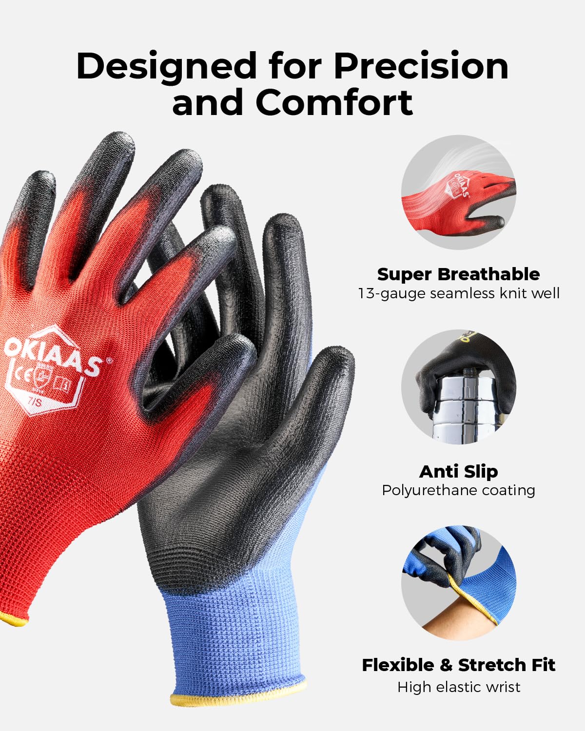 OKIAAS Men's Ultra-Thin and Lightweight Working Gloves with Grip, 12 Pairs, Red, X-Large