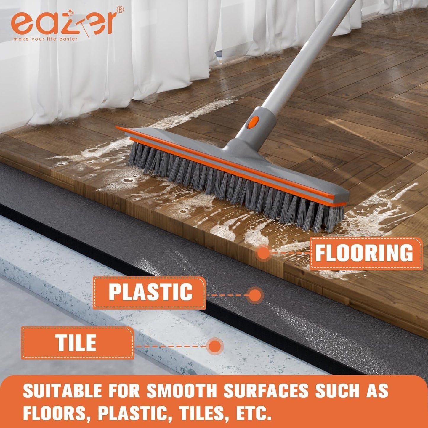 Eazer Floor Scrubber Brush, 2-in-1 Deck Scrubber Brush with Long Handle, Soft & Hard Bristle Brush for Cleaning Concrete, Squeegee Broom for Floor,Bathroom Garage,Kitchen,Wall,Tile and Swimming Pool