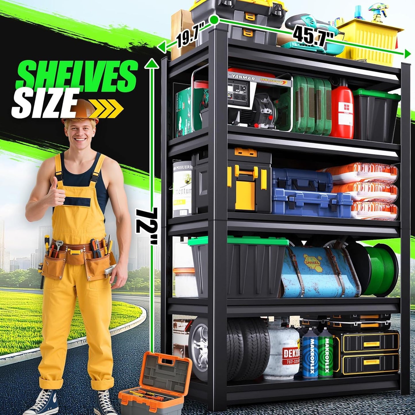 Garage Shelving 3000lb Heavy Duty Shelving Adjustable Metal Shelvings Garage Storage Shelves 5 Tier Utility Shelvin Unit Metal Shelf Rack for Basement Industrial Black 72''H*46''W*20''D