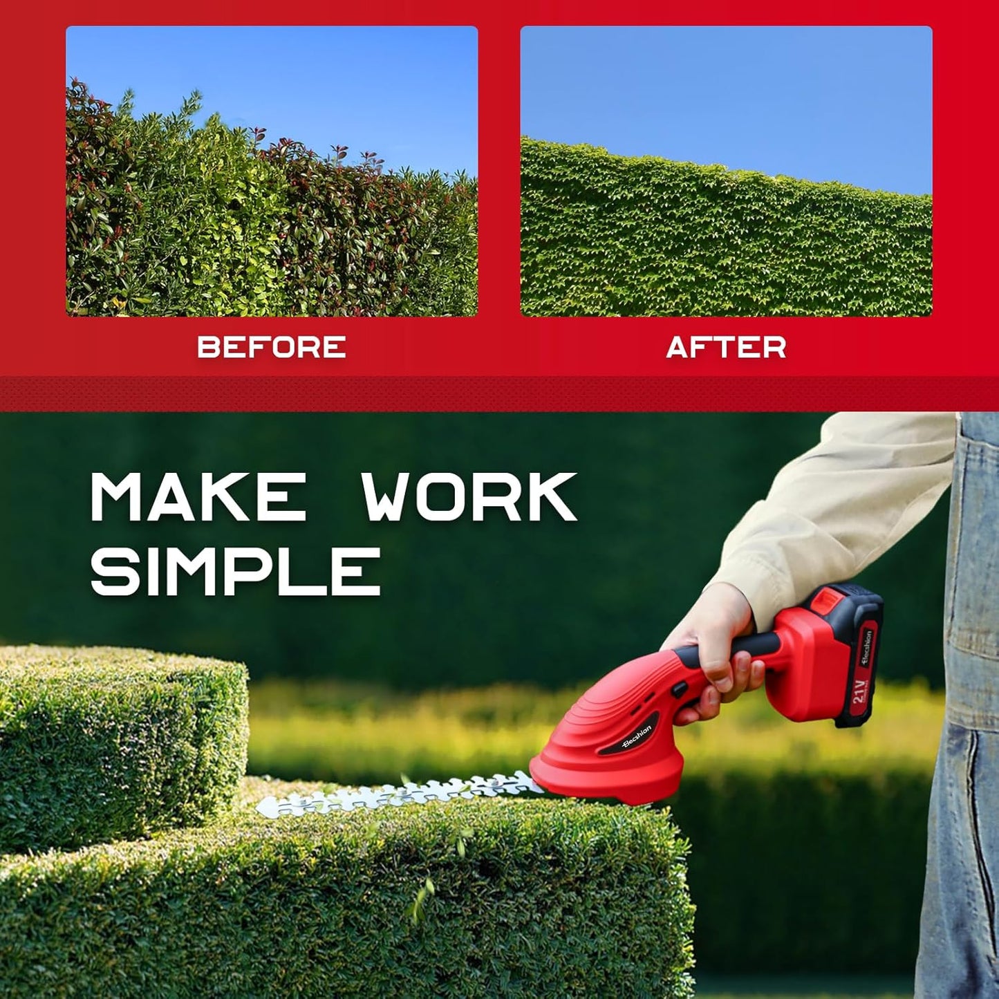 Hedge Trimmer Cordless - 1 Pack 21V Battery with Charger Powered Electric Mini Trimmers, 2 in 1 Handheld Hedge Shears + Grass Cutter Pruning Shrub Cutting Tool for Bush,Tree,Garden,Lawn,Yard