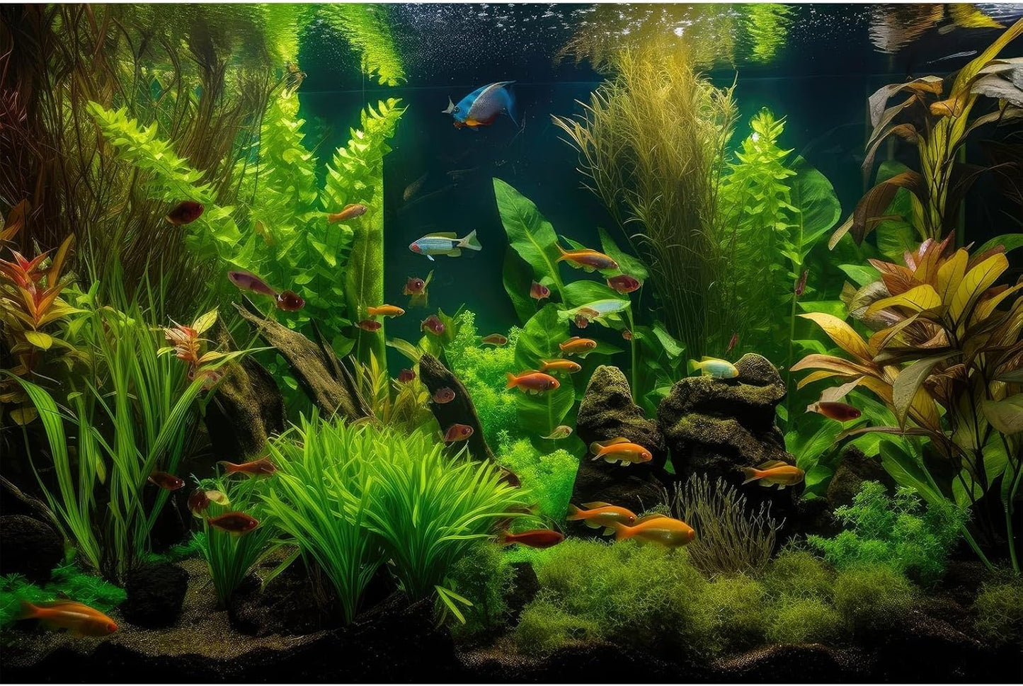 Aquarium Background Tropical Freshwater Colorful Fish Plants Fish Tank Background Tranquil Under The Sea Aquatic Plants Cork Redwood Root Lush Green Moss Reptile Tank Terrarium Background 72x16in