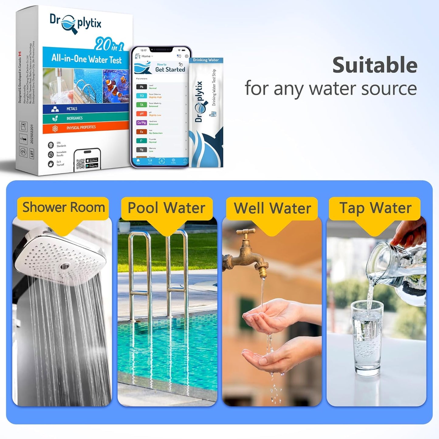 Mobile App Water Test Kit–20-in-1 Home Water Testing Strips, Pools, Hot Tubs, Aquarium, Drinking Water & Well Water Test for pH, Hardness, Lead, Iron, Chlorine, Nitrate, Fluoride, Mercury