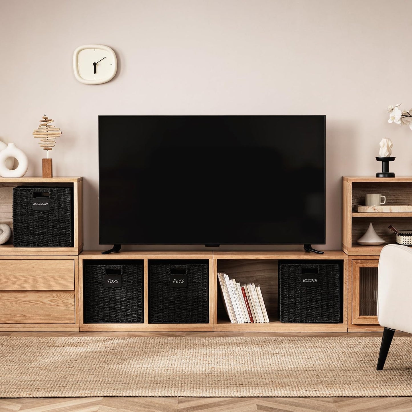 UBBCARE 2 Pack Wicker Basket, 13×13 Storage Cubes with Label, Foldable Cube Storage Bin with Handle, Square Storage Basket for Shelves, Woven Paper Rope Basket for Organizing, Black