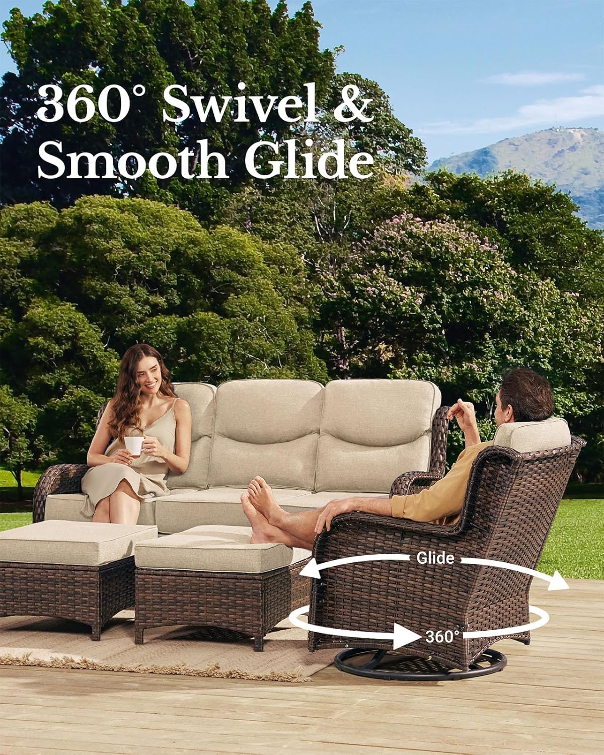 HILLGA Luxury Patio Furniture Set with 6-inch Thick Cushion, Outdoor Couch and High Back Swivel Rocker Patio Chairs, 10PCS Wicker Conversation Set for Deck Yard and Poolside, Beige (V2)