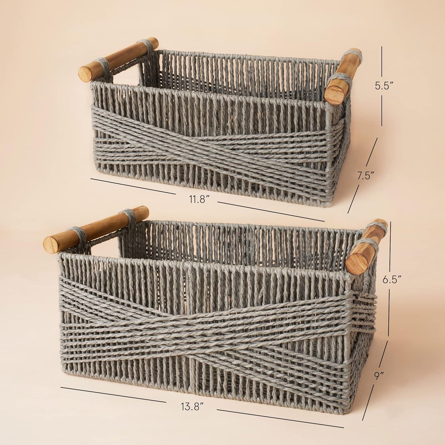 LA JOLIE MUSE Wicker Storage Baskets for Organizing, Recyclable Paper Rope Basket with Wood Handles, Decorative Hand Woven Basket Organizers for Makeup Books Shelves Living Room, Grey, Set of 2