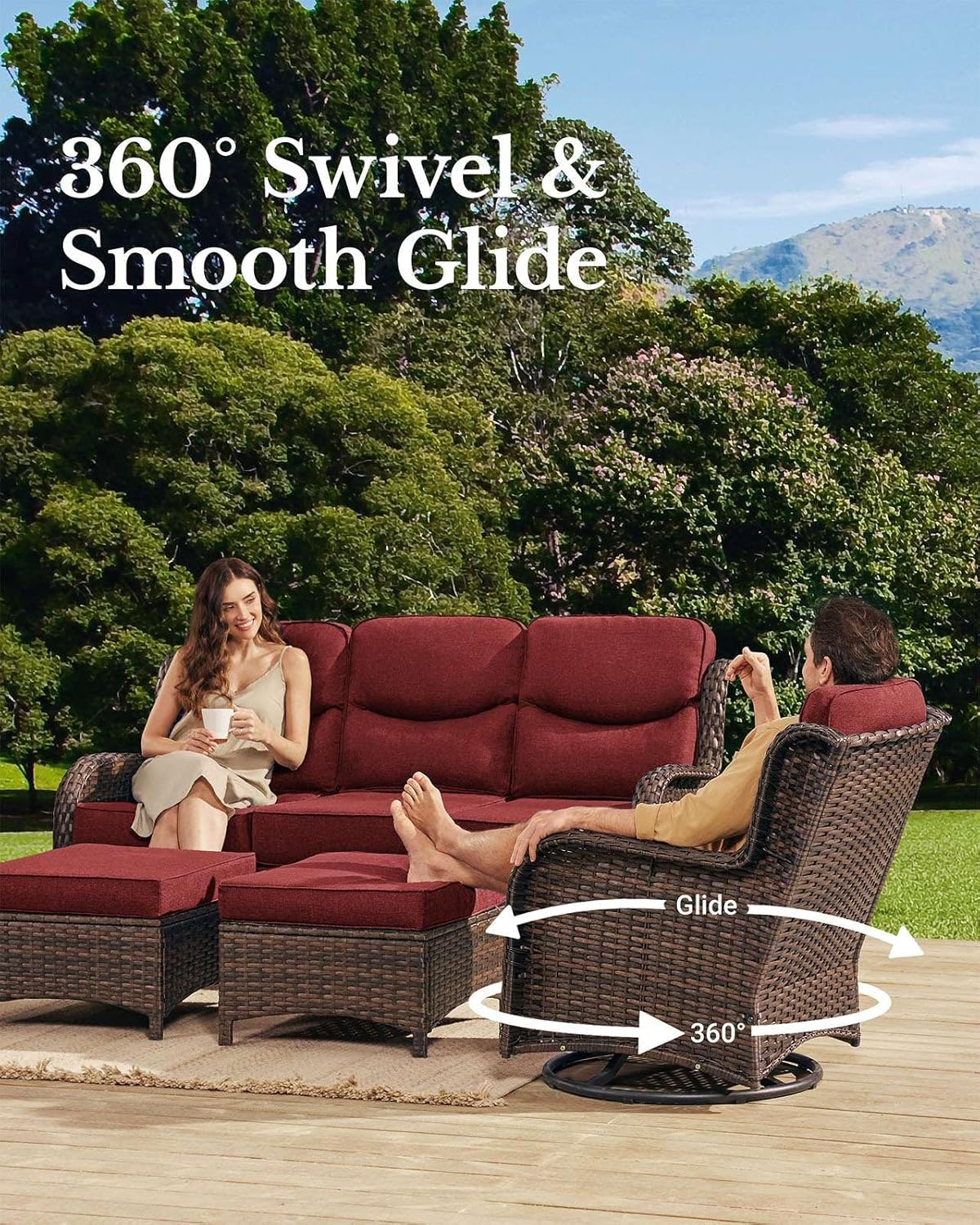 HILLGA Luxury Patio Furniture Set with 6-inch Thick Cushion, Outdoor Couch and High Back Swivel Rocker Patio Chairs, 6PCS Wicker Conversation Set for Deck Yard and Poolside, Burgundy (V2)