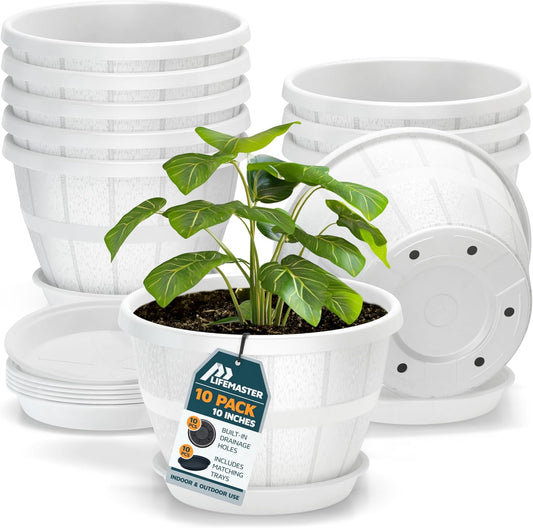 10-Inch Whiskey Barrel Planters Outdoor Pack of 10 - Durable Plastic Plant Pots for Indoor & Outdoor Use with Drainage & Saucer, Lightweight Rustic Barrel Planters for Flowers, Herbs & Small Plants