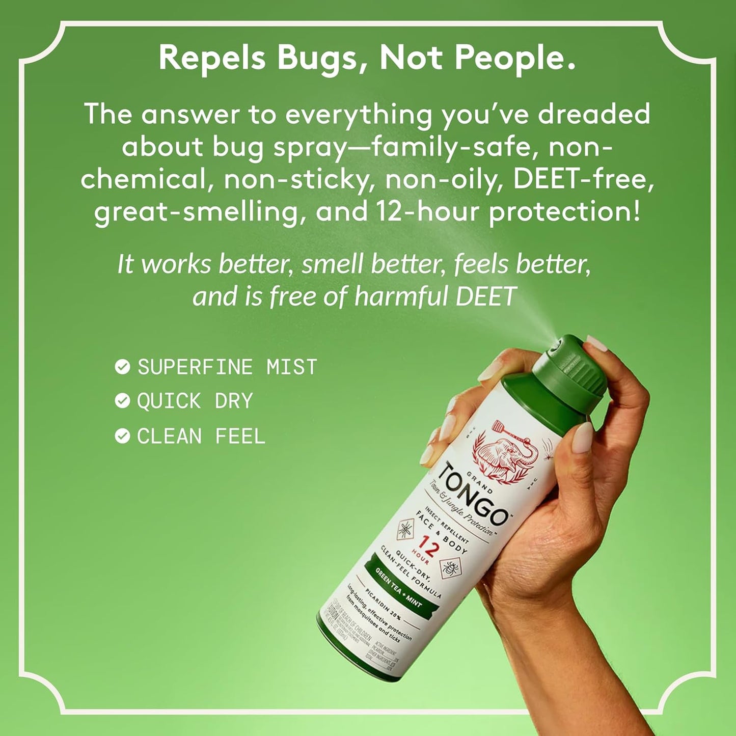 Green Tea + Mint Insect Repellent, 12-Hour Mosquito & Tick Protection, Picaridin-Based, Water-Based, Lightweight, Quick-Drying, Vanishing Scent, DEET Alternative, Face & Body Use, 3 Pack