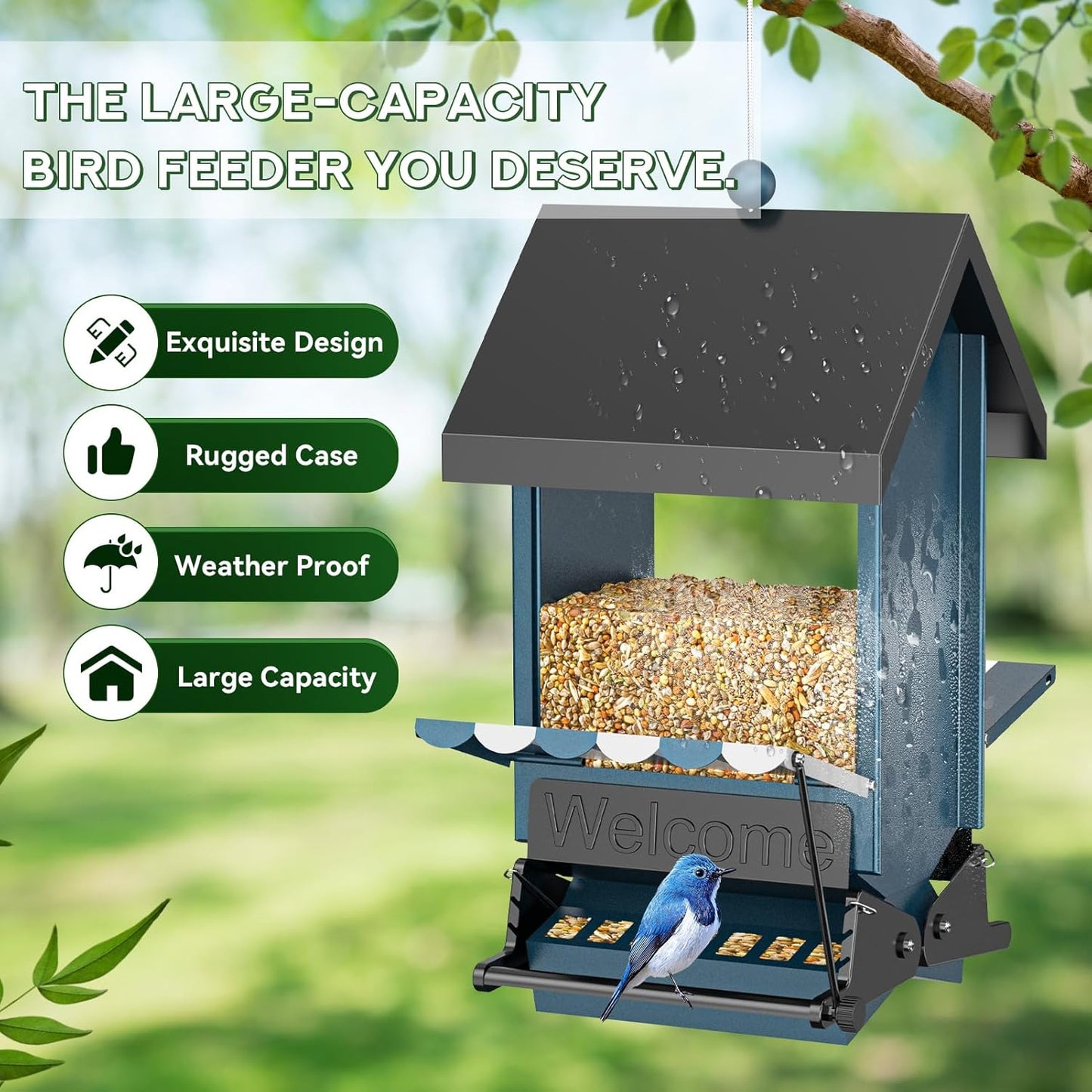 Weight Activated Squirrel Proof Bird Feeder with Canopy | 5LB Large Capacity, Weather-Resistant Design | Attracts Finches, Cardinals & More for Outdoor Bird Watching