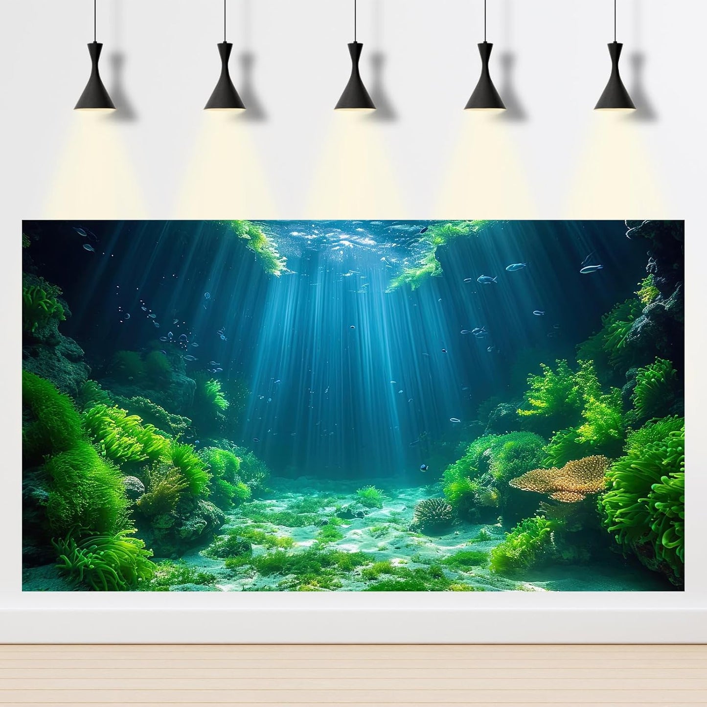 Aquarium Background Aquatic Plants Soft Algae Terrarium Backdrop Underwater World Fish Rock with Moss Sunlight Rays Fish Tank Background Aquarium Wallpaper Poster Decor Vinyl 30x12in