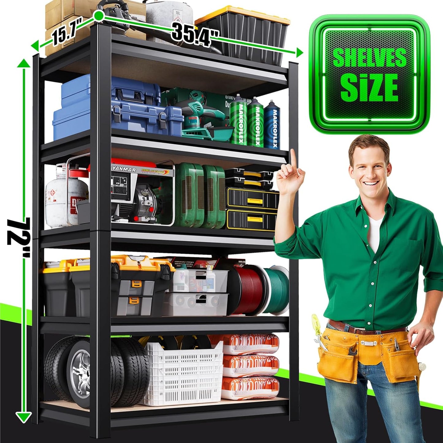 72”H Garage Shelving 5 Tier Storage Shelves Adjustable Garage Storage Shelves Wood Shelf 2000LBS Heavy Duty Industrial Shelving Unit Utility Shelf Wood Storage Rack ,35.4''W×15.7''D×72''H,2 Pack