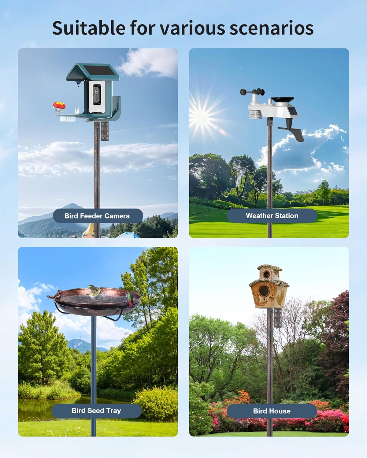 Bird Feeder Pole Stand – 104 Inch Height Feeding Station with 1-Inch Dia Heavy Duty for Hanging Feeders, Bird House Pole Mount Kit for Outdoor, Slip-Fit Connection，Copper Brushed