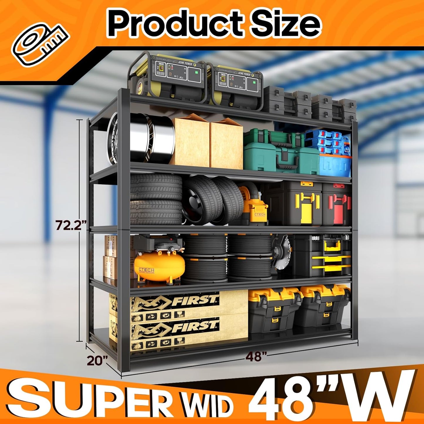 Garage Shelving Heavy Duty,5 Tier Adjustable Metal Shelving Storage Rack,Storage Shelves,48" Wx20 Dx72.2 H,Industrial Shelving Unit for Basement,Warehouse,Garage Organization.4 Pack