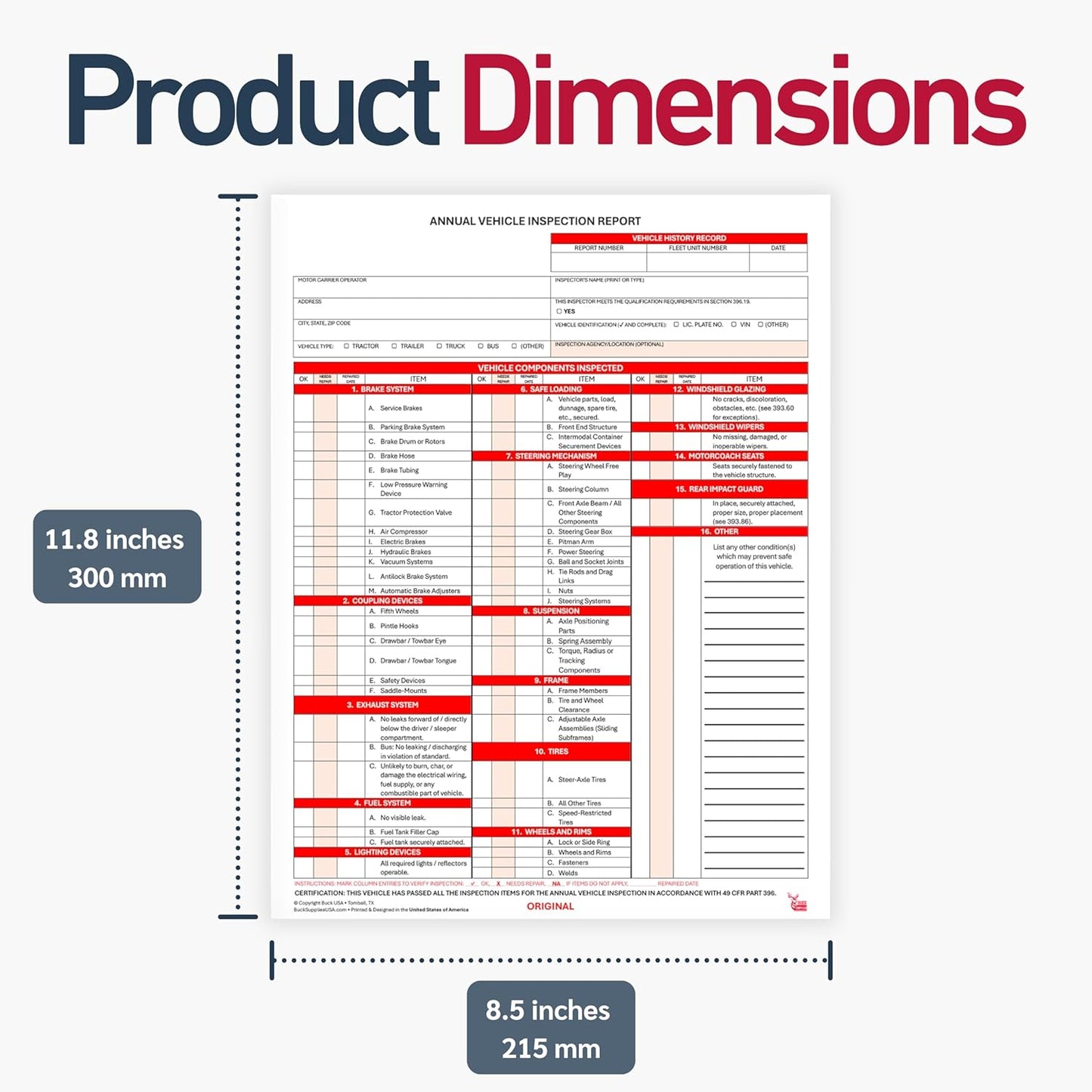10 Pack 3-Ply Carbonless Annual Vehicle Inspection Report Forms with FMCSA Red Aluminum Labels & White Mylar Laminate Vinyl Labels, DOT Inspection Forms and Stickers, Shrink-Wrapped, 8.5" x 11.75"