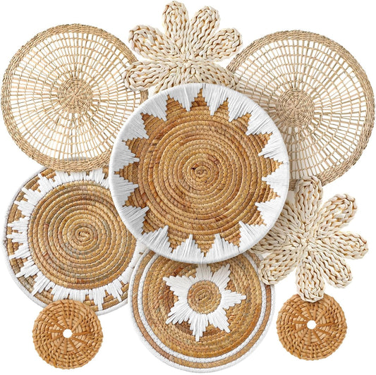 Xuhal Set of 8 Hanging Woven Wall Basket Handmade Decorative Rustic Boho Basket Decor Handcrafted Wicker Round Seagrass Wall Art for Home Kitchen Farmhouse Table Living Room