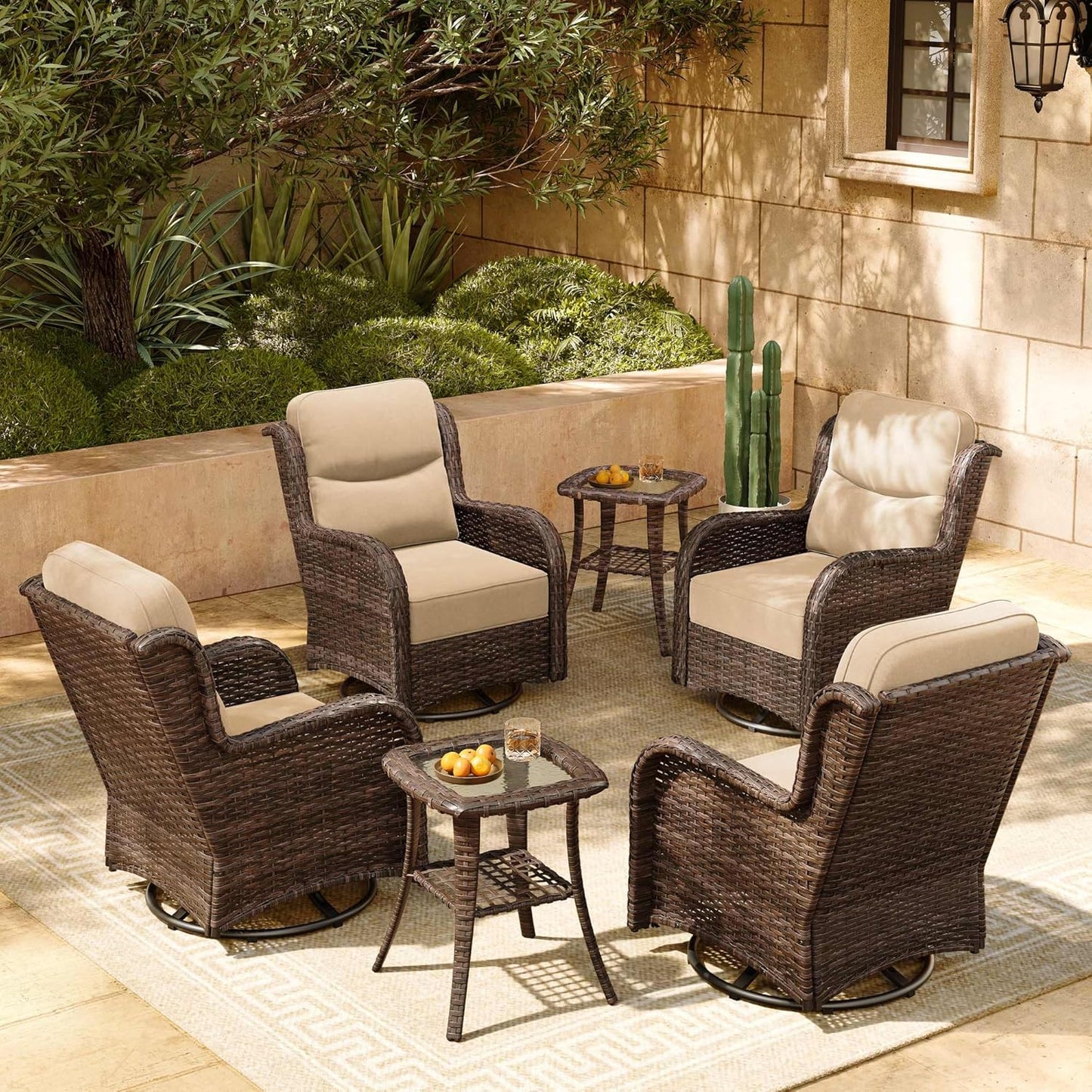 HILLGA Luxury Patio Furniture Set with 6-inch Thick Cushion, Outdoor High Back Swivel Rocker Patio Chairs, 6PCS Wicker Conversation Set for Deck Yard and Poolside, Beige (V2)