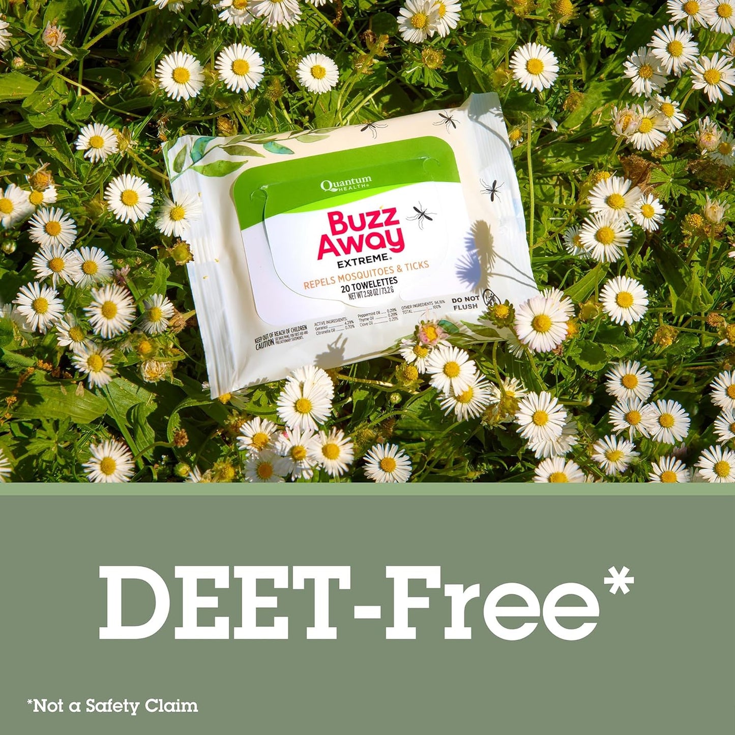 Quantum Health Buzz Away Extreme DEET Free Insect Repellent Wipes - Travel-Friendly Citronella Oil Mosquito & Tick Outdoor Bug Repellent Towelettes, Kids & Adults - 20 Individual Wipes
