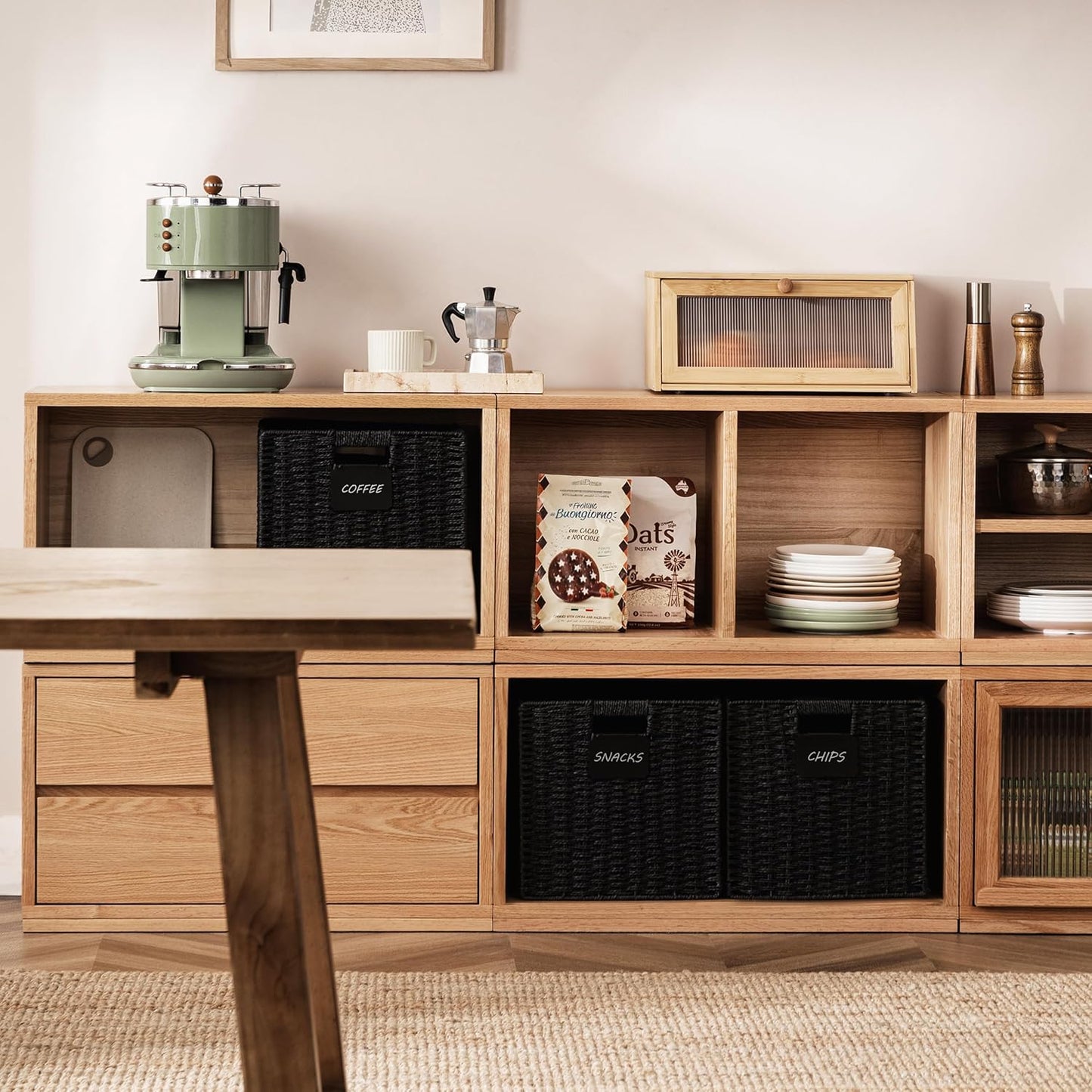 UBBCARE 4 Pack Wicker Basket, 12×12 Storage Cubes with Label, Foldable Cube Storage Bin with Handle, Square Storage Basket for Shelves, Woven Paper Rope Basket for Organizing, Black