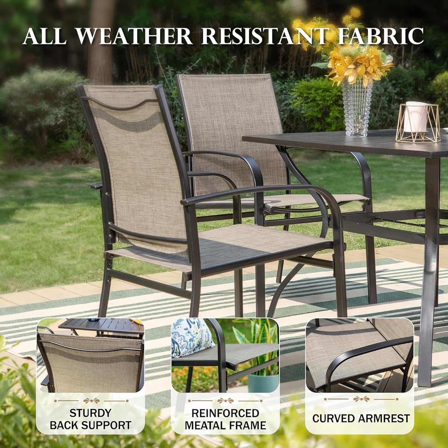 HERA'S HOUSE 5 Piece Patio Dining Set, 4 x Brown Textilene Dining Chair and 37" Square Wood-Like Dining Table with Umbrella Hole, Outdoor Table and Chairs Set for Lawn Garden Backyard Deck
