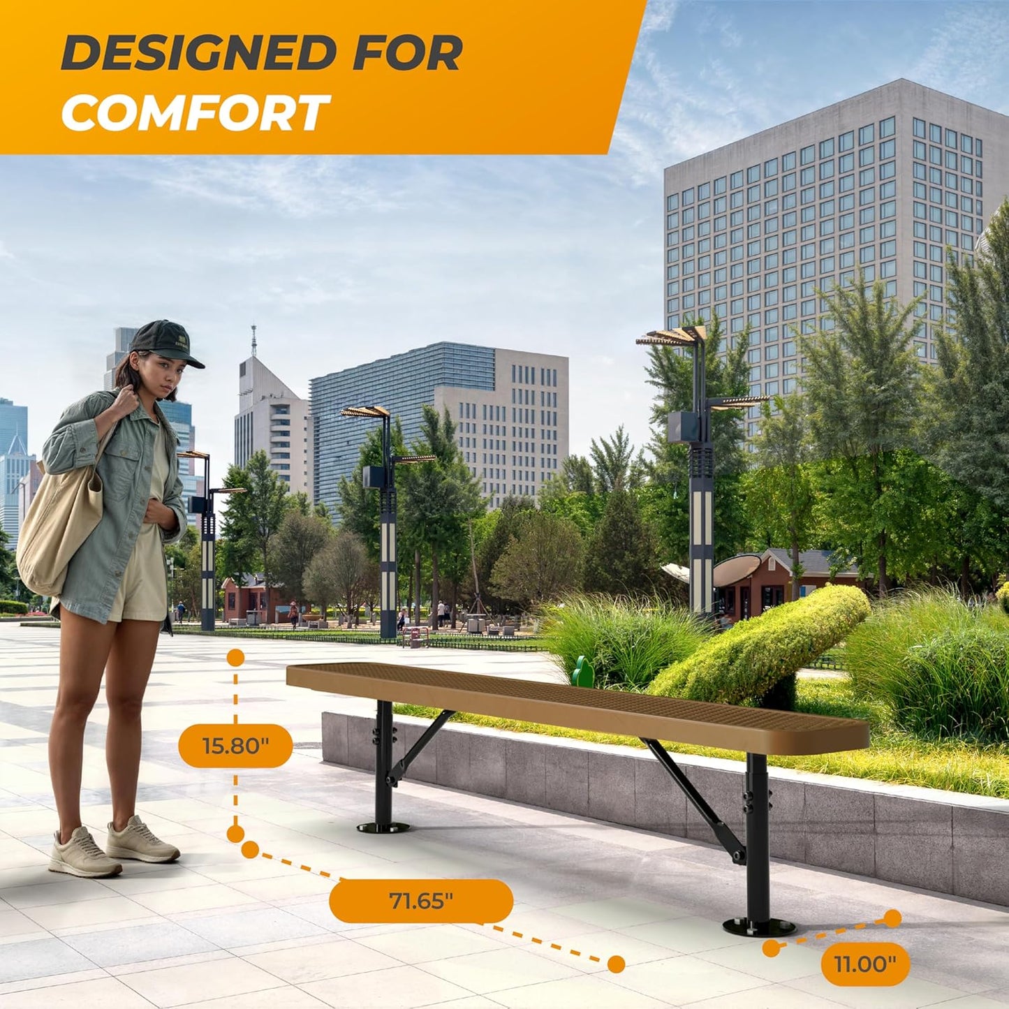 Heavy-Duty Outdoor Metal Bench, Thermoplastic-Coated, Surface, Weatherproof, Commercial-Grade for Parks, Gardens, Patios, Stores & More (6 Ft - Surface, Brown)