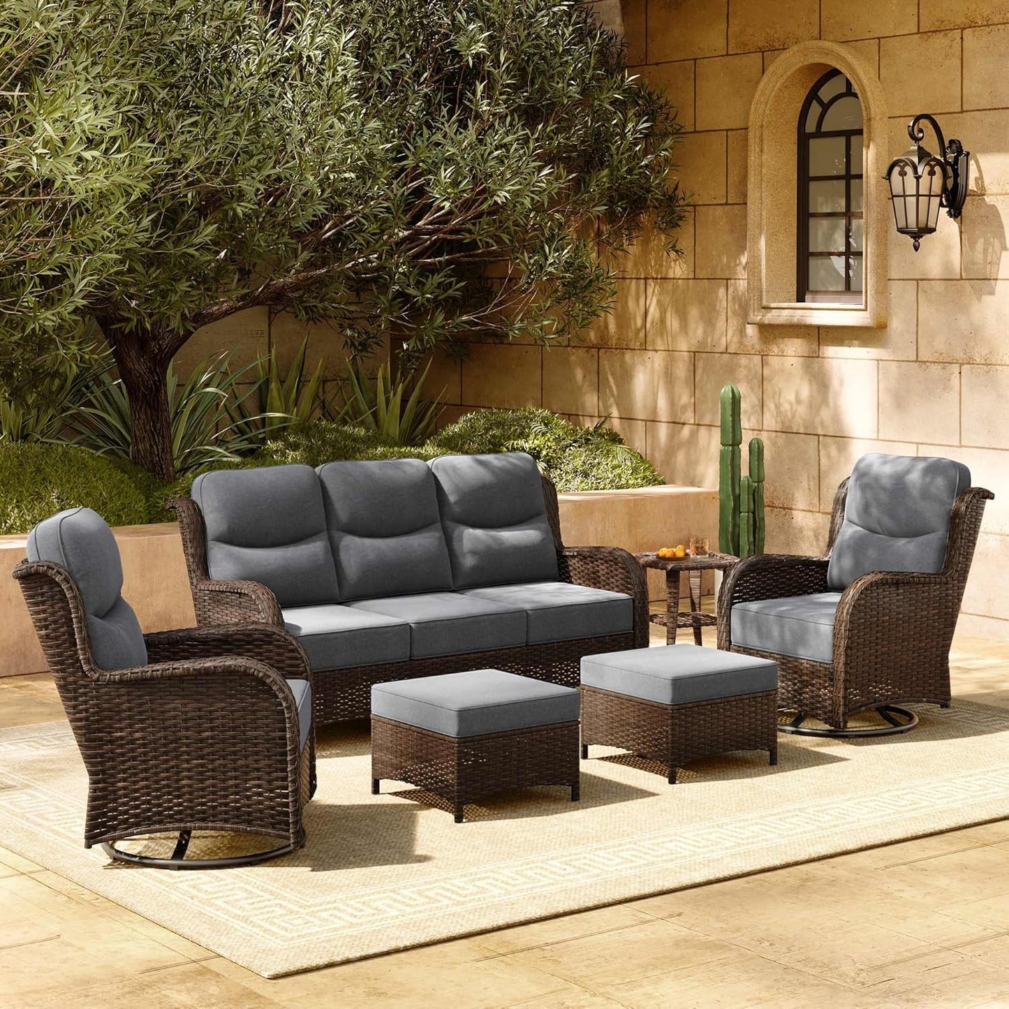 HILLGA Luxury Patio Furniture Set with 6-inch Thick Cushion, Outdoor Couch and High Back Swivel Rocker Patio Chairs, 6PCS Wicker Conversation Set for Deck Yard and Poolside, Dark Grey (V2)