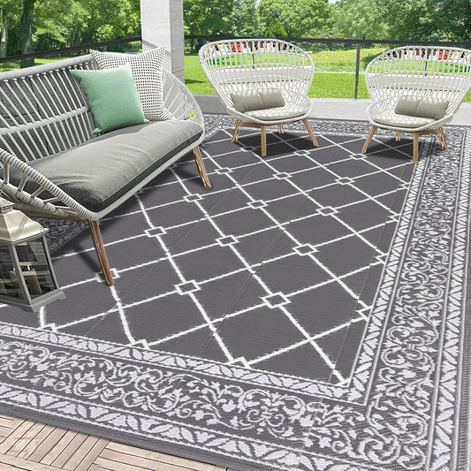 HEBE Outdoor Rug Waterproof 8x10, Reversible Plastic Straw Rug RV Camping Rug, Indoor Outdoor Patio Mat Clearance, Outside Carpet for Porch,Deck,Camper,Balcony,Backyard,Picnic