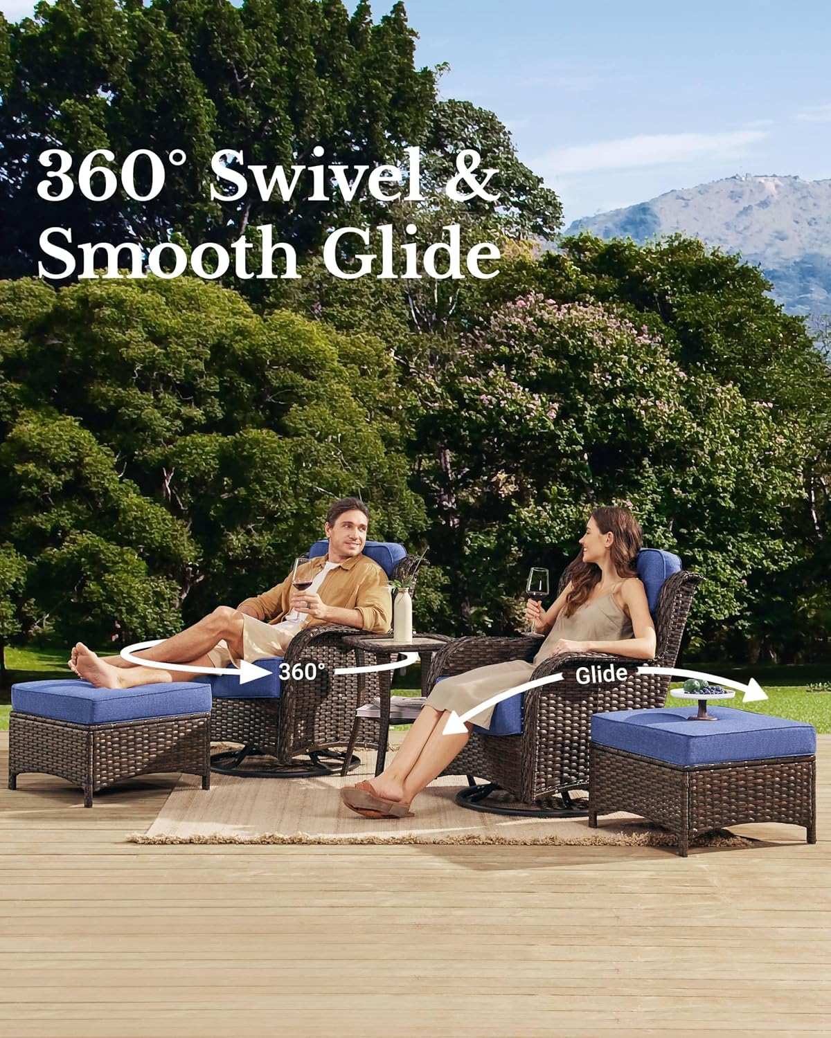 HILLGA Luxury Patio Furniture Set with 6-inch Thick Cushion, Outdoor High Back Swivel Rocker Patio Chairs, 5PCS Wicker Conversation Set for Deck Yard and Poolside, Blue (V2)