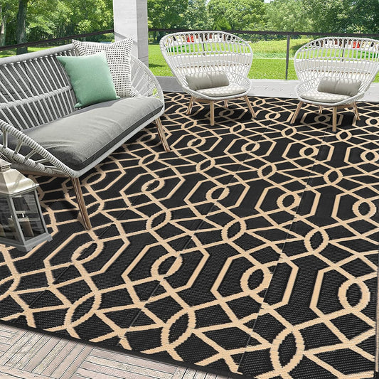 HEBE Outdoor Rug Waterproof 8x10, Reversible Plastic Straw Rug RV Camping Rug, Indoor Outdoor Patio Mat Clearance, Outside Carpet for Porch,Deck,Camper,Balcony,Backyard,Picnic