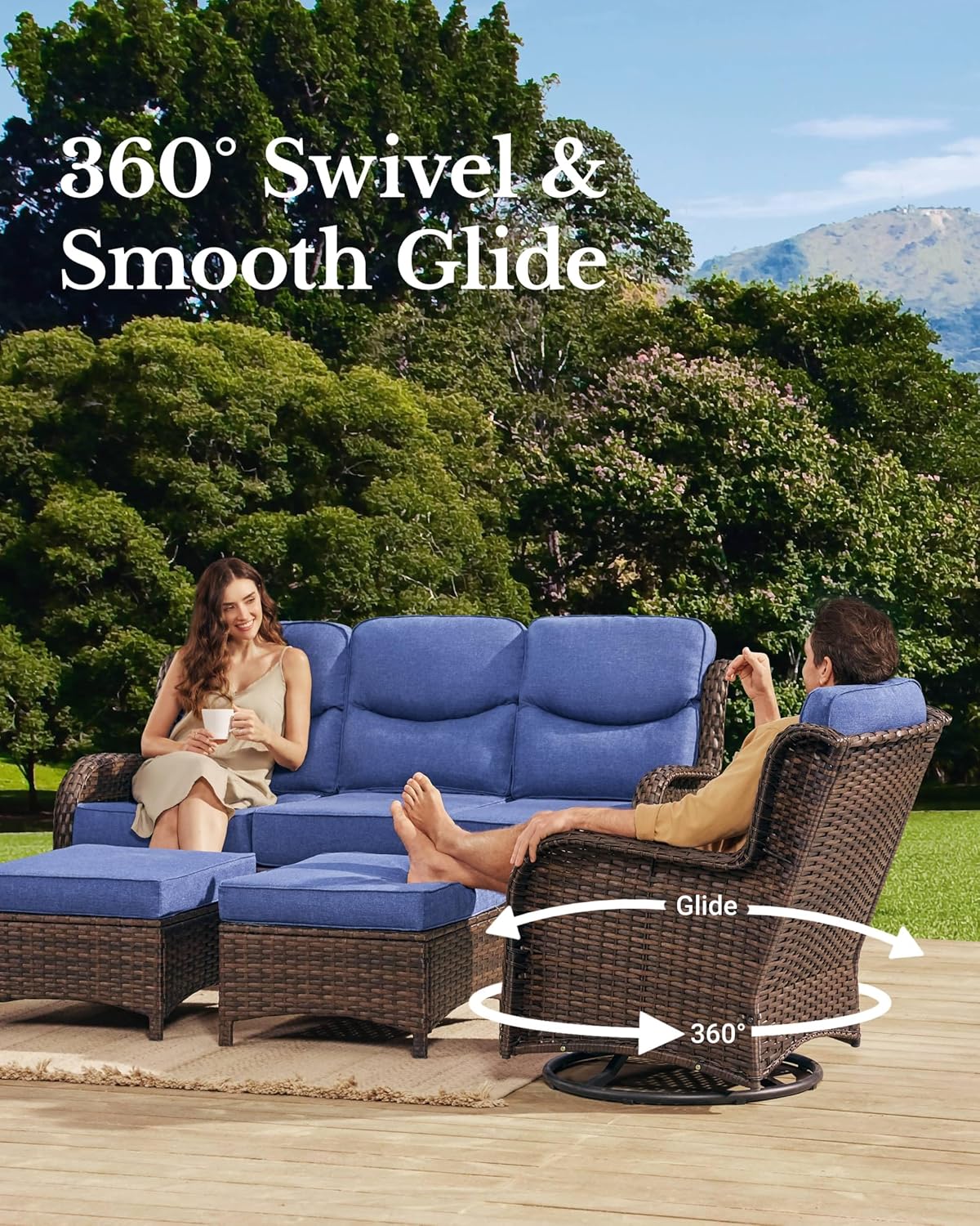 HILLGA Luxury Patio Furniture Set with 6-inch Thick Cushion, Outdoor Couch and High Back Swivel Rocker Patio Chairs, 6PCS Wicker Conversation Set for Deck Yard and Poolside, Blue (V2)